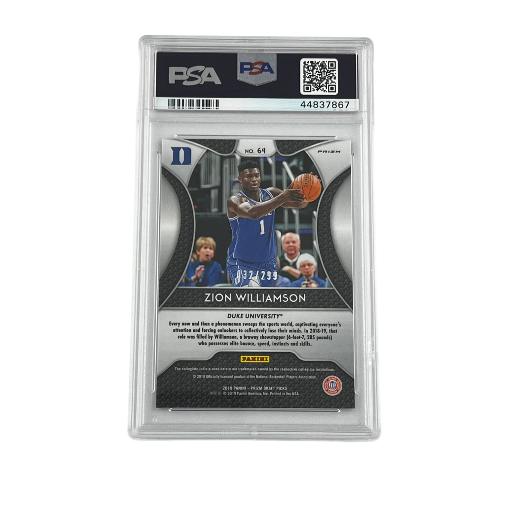 2019 Panini Prizm Draft Picks Basketball: Blue Wave Prizm /299 - Zion Williamson #64 (RC) (PSA 9)